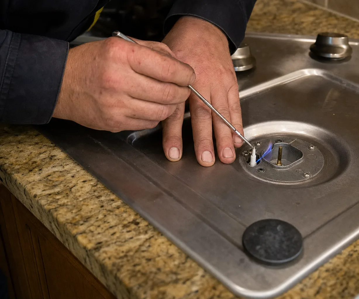 Sealed cooktop burner well with its cap lifted away, the electrode sparking to a small blue flame under a technician’s steadying hand