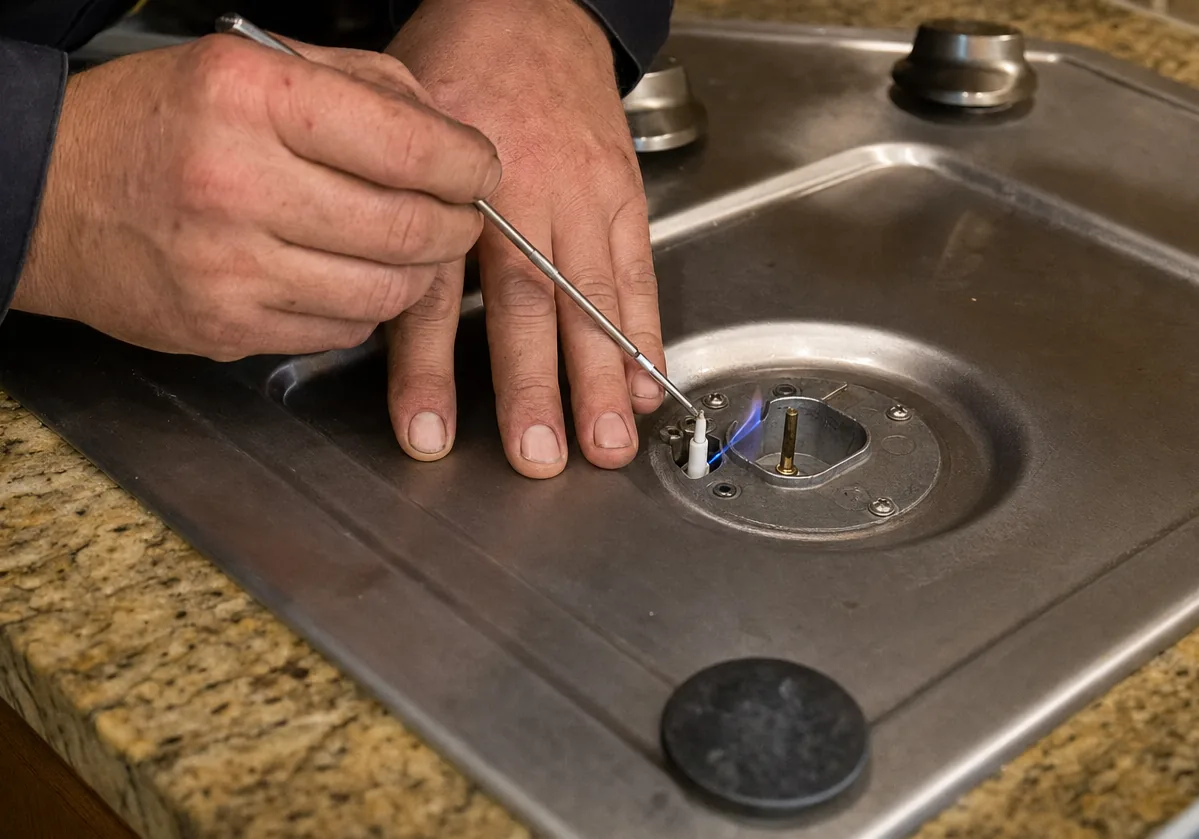 Tight view of a cooktop burner well with the electrode sparking, the burner cap set to one side on the brushed stainless top