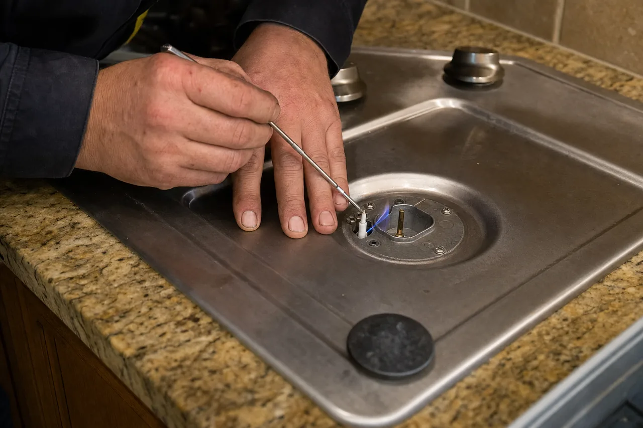 Hand steadying a sealed cooktop burner while a slim lighter brings a small blue flame to the electrode, the burner cap set aside on the stainless top