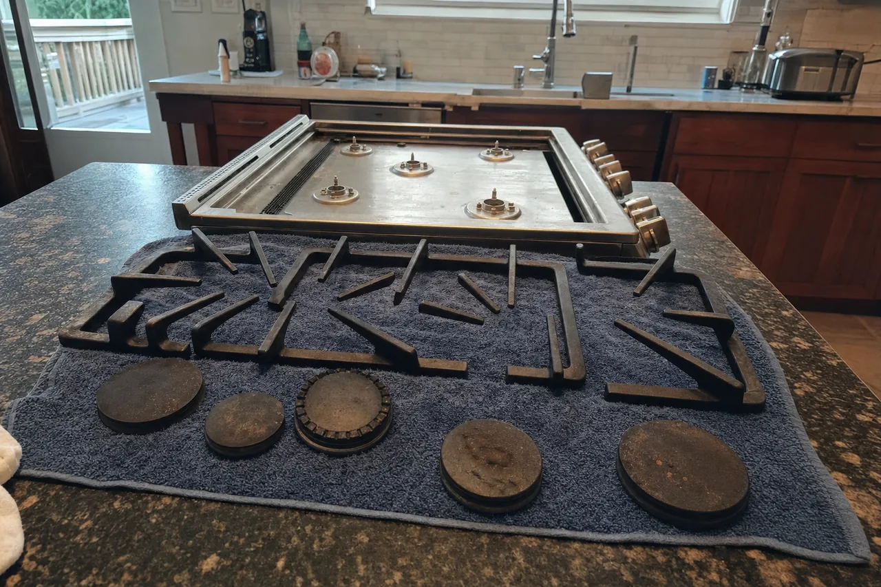 Gas cooktop stood on a kitchen island with grates and burner caps removed and set out, windows and a deck visible beyond the counter