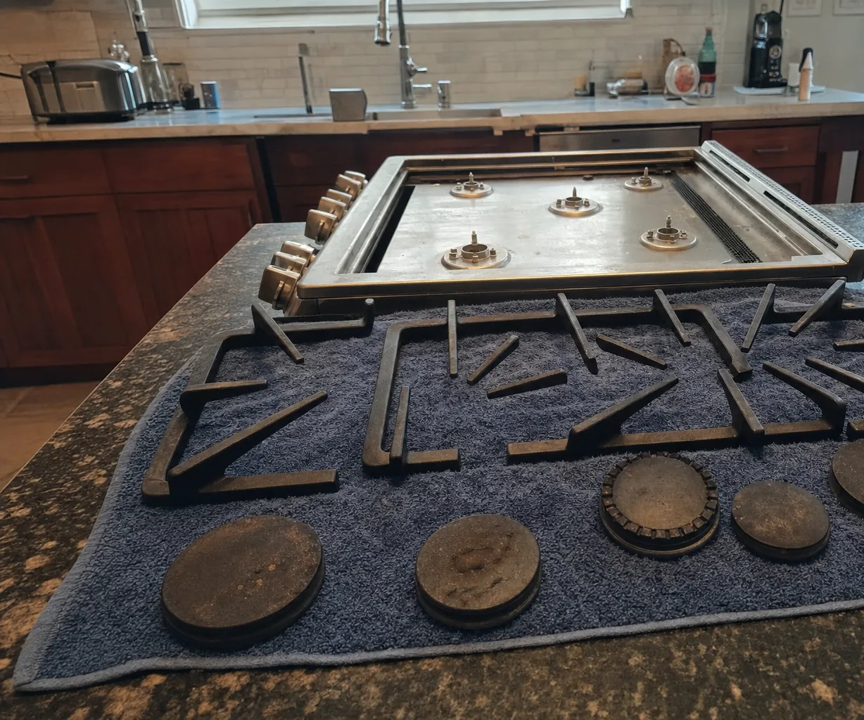 Cast iron grates and burner caps laid out in rows on a folded towel beside a gas cooktop standing on a stone island