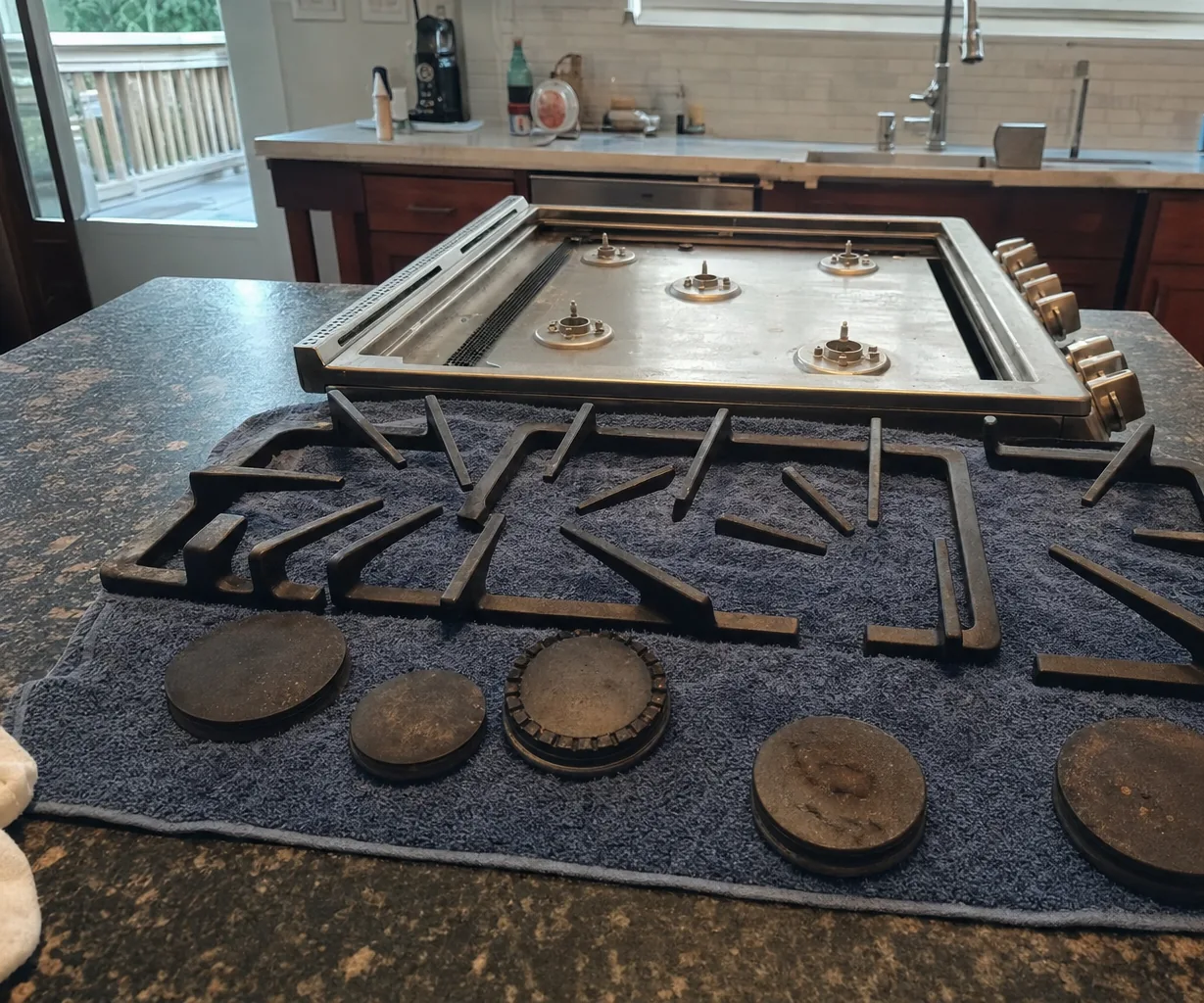 Burner caps and cast grates arranged on a towel on a stone worktop, the cooktop they belong to standing on edge behind them