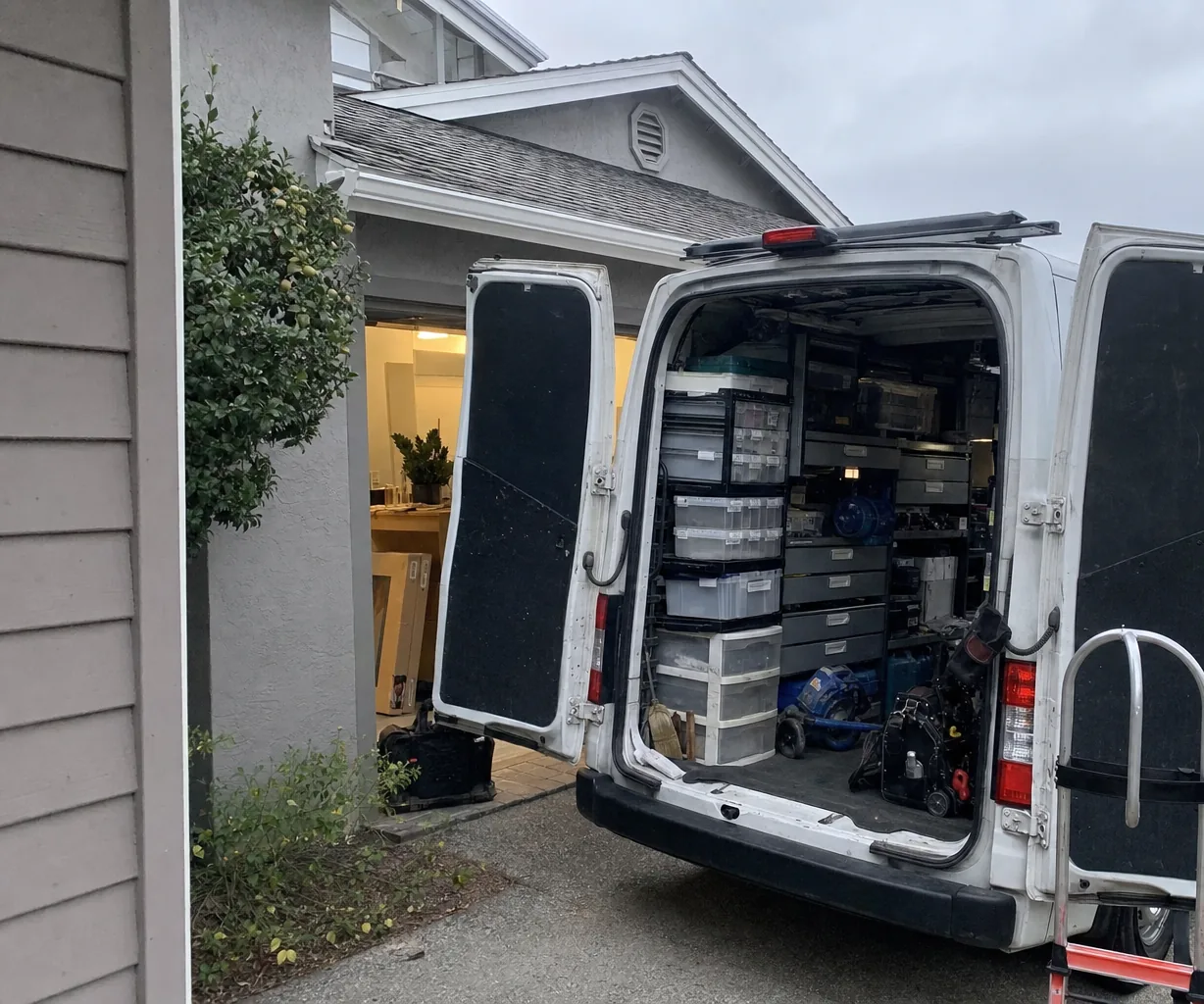 Rear of a loaded service van in a driveway, clear bins and steel drawers stacked to the roof, an open garage behind it